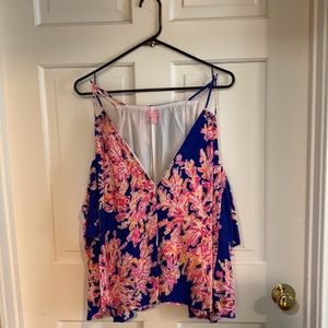 Lilly Pulitzer women’s large cold shoulder shirt, bright, pink, blue, and orange